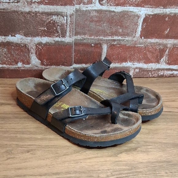 Birkenstock Mayari Birkibuc Sandals Womens Size 5 Leather Brown Black Straps - Picture 1 of 9